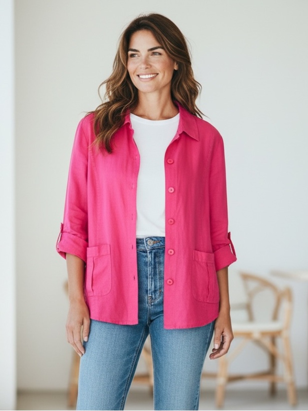 Charter Club Women's Linen Button-Front Jacket Size XL Pink Lightweight Pockets